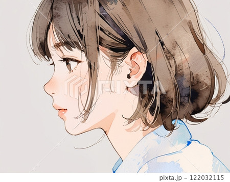 うつむく女性の横顔の水彩イラストのイラスト素材 [122032115] - PIXTA