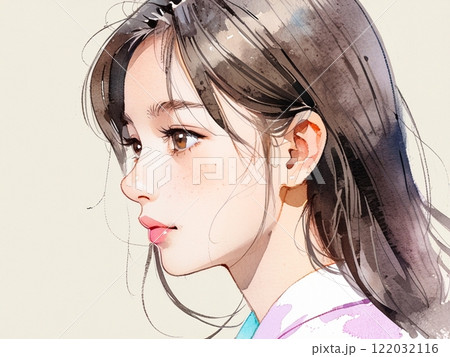 うつむく女性の横顔の水彩イラストのイラスト素材 [122032116] - PIXTA
