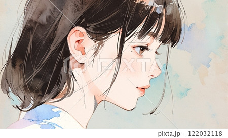 うつむく女性の横顔の水彩イラストのイラスト素材 [122032118] - PIXTA