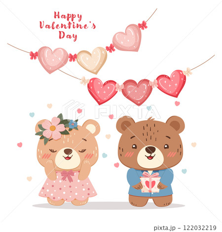 Valentine's Day illustration with cute bears and heart garland 122032219