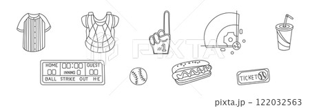 Baseball Sport Game Thin Line Object and Equipment Vector Set 122032563
