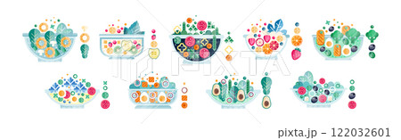 Fresh Fruit and Vegetable Salad in Bowl Flat Icon Vector Set 122032601