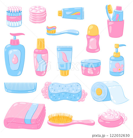 Set of hygiene objects. Washing, beauty, body care. Personal hygiene and self care items. 122032630