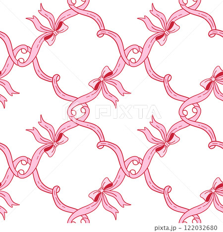 Seamless pattern with satin bow knots, gift ribbons in checkered composition. Trendy hair braiding accessory style. Hand drawn linear vector illustration. Valentine s day coquette background. 122032680