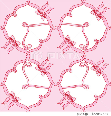 Seamless pattern with satin bow knots, gift ribbons in checkered composition. Trendy hair braiding accessory style. Hand drawn linear vector illustration. Valentine s day coquette background. Seamless pattern with satin bow knots, gift ribbons in checkered composition. Trendy hair braiding accessory style. Hand drawn linear vector illustration. Valentine s day coquette background. 122032685