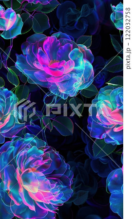 Vibrant Floral Pattern with Colorful Roses on Black Background 122032758