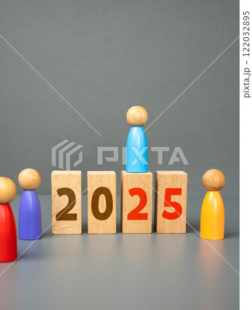 Figures of people and blocks with 2025. New Year. Plans and tasks. Visions and development in the future. Figures of people and blocks with 2025. New Year. Plans and tasks. Visions and development in the future. 122032895