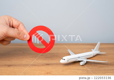 Hand holding a red NO sign near a passenger plane. Flight restrictions and bans. Airspace closure, air carrier license revocation. Aircraft grounding due to high accident risk. 122033136