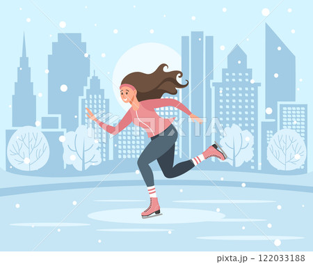 Girl skating on the background of winter landscape. Winter sport, outdoor sports activity. Flat illustration Girl skating on the background of winter landscape. Winter sport, outdoor sports activity. Flat illustration 122033188