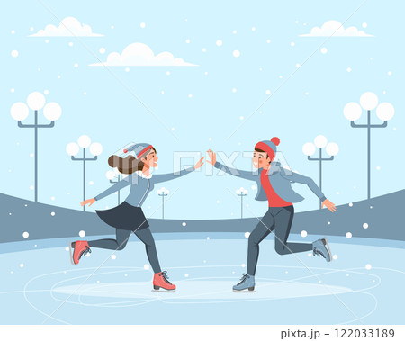 Couple skating together on winter ice rink. Winter sport, outdoor athletic activity. Flat illustration Couple skating together on winter ice rink. Winter sport, outdoor athletic activity. Flat illustration 122033189