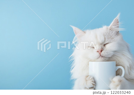 Funny sleepy cat with messy fur holding a cup of coffee against a teal background. Tired cat with tangled fur holding a coffee cup, morning exhaustion, need for caffeine. I hate Mondays concept 122033240