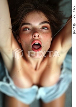 Erotic, sex, masturbation, cunnilingus, porn. Young woman having orgasm. Beautiful woman with open mouth enjoying sex lying in bed, top view. Sexual experience, sensual pleasure. 122033279