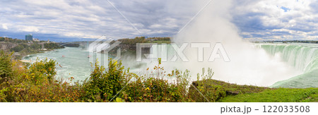 Panoramic view of Canadian Niagara Falls with American Falls and Horseshoe Falls in Ontario, Canada 122033508