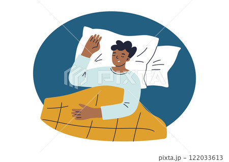 Vector illustration of man sleeping in bed under yellow blanket, resting on white pillows, flat cartoon style. Cozy sleep, relaxation, bedtime, and healthy lifestyle concept, isolated colored clipart Vector illustration of man sleeping in bed under yellow blanket, resting on white pillows, flat cartoon style. Cozy sleep, relaxation, bedtime, and healthy lifestyle concept, isolated colored clipart 122033613