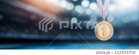 Close-up of golden medal with number one engraved, hanging on ribbon, with blurred stadium in the background. Victory Close-up of golden medal with number one engraved, hanging on ribbon, with blurred stadium in the background. Victory 122033750