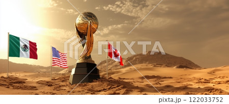 Golden trophy with black pedestal surrounded by flags of Mexico, USA, and Canada, in desert under a golden sunset sky. Golden trophy with black pedestal surrounded by flags of Mexico, USA, and Canada, in desert under a golden sunset sky. 122033752