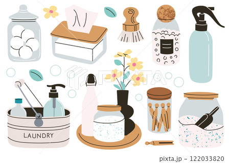 Vector illustrations of eco friendly laundry and cleaning accessories, washing supplies collection, glass jars with detergents, brushes, spray bottles, clothespins, household equipment, storage tips Vector illustrations of eco friendly laundry and cleaning accessories, washing supplies collection, glass jars with detergents, brushes, spray bottles, clothespins, household equipment, storage tips 122033820