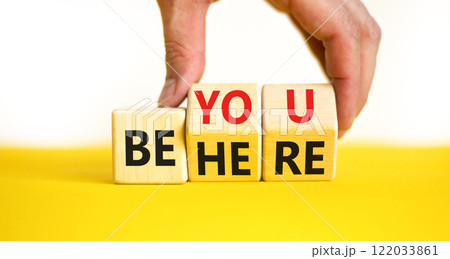 Belonging and belong symbol. Concept words Be here Belong on beautiful wooden block. Beautiful white background Businessman hand. Business motivational belonging and belong concept. Copy space. 122033861