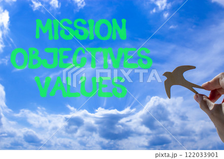 Mission objectives values symbol. Concept words Mission Objectives Values on beautiful blue sky. Beautiful blue sky background. Businessman hand. Business mission objectives values concept. Copy space Mission objectives values symbol. Concept words Mission Objectives Values on beautiful blue sky. Beautiful blue sky background. Businessman hand. Business mission objectives values concept. Copy space 122033901