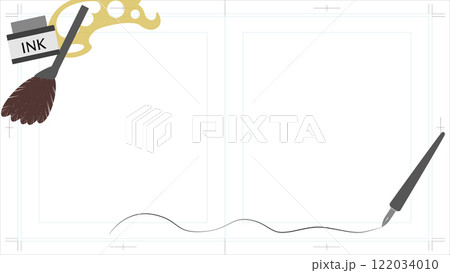 漫画画材に囲まれた見開き原稿用紙の背景用イラスト 漫画画材に囲まれた見開き原稿用紙の背景用イラスト 122034010