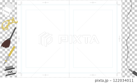 Background illustration of a double-page manuscript paper surrounded by manga art supplies 122034011