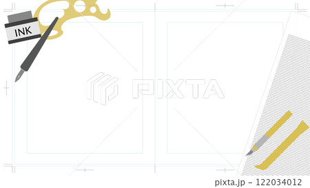 漫画画材に囲まれた見開き原稿用紙の背景用イラスト 122034012