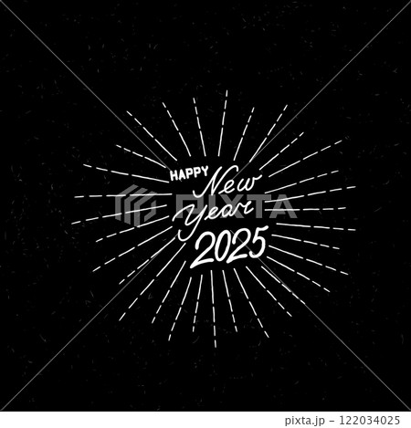 Happy New Year holiday background with firework rays and lettering 2025. Winter Christmas grunge greeting card with handwritten Lettering HAPPY NEW YEAR 2025 122034025