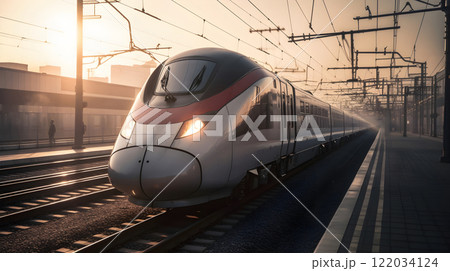 Modern high speed bullet train railway transportation in the train station. Modern high speed bullet train railway transportation in the train station. 122034124