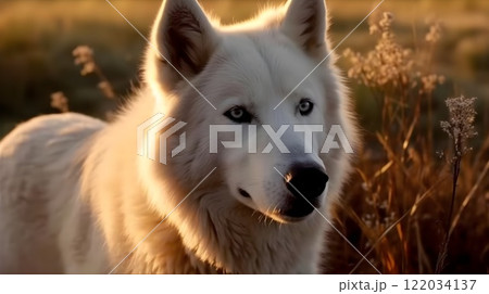 Close up face of Arctic wolf observing in the bush nature background. Close up face of Arctic wolf observing in the bush nature background. 122034137