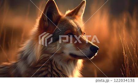 Close up face of red fox observing in the bush, nature background. 122034138
