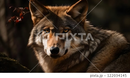 Close up of wolf face stare and observe in the meadow nature background 122034145