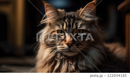 Close up face of long hair Maine Coon cat breed pet looking at the camera at home background. 122034185