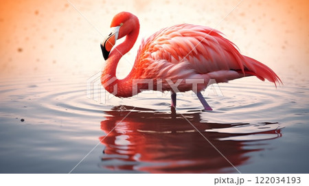 Red American flamingo birds in the water and reflection. 122034193