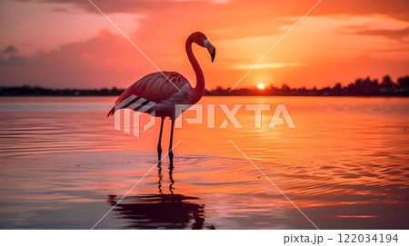 Silhouette of Red American flamingo birds in the water and reflection in the evening sunset in a large lake. 122034194