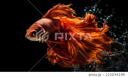 Beautiful red Siamese fighting fish or beta fish with water bubble swimming underwater isolated on black background. 122034199