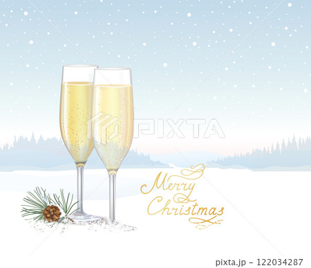 Two flute glasses filled with sparkling champagne over Christmas winter snowy landscape skyline background. 122034287