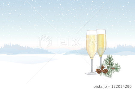 Two flute glasses filled with sparkling champagne over Christmas winter nature background. 122034290