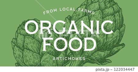 Artichoke, vegetable. Tag, label, sign, vintage retro print, black white artichoke drawing, sketch ink pencil draw, engrave old school style. Sketch artwork silhouette artichoke. Vector Illustration 122034447