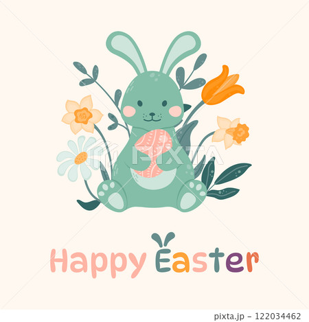 Happy Easter greeting card. Easter bunny is sitting and holding an Easter egg in his paws on a background of flowers. Happy Easter. Vector illustration in a flat style on a light background. Happy Easter greeting card. Easter bunny is sitting and holding an Easter egg in his paws on a background of flowers. Happy Easter. Vector illustration in a flat style on a light background. 122034462