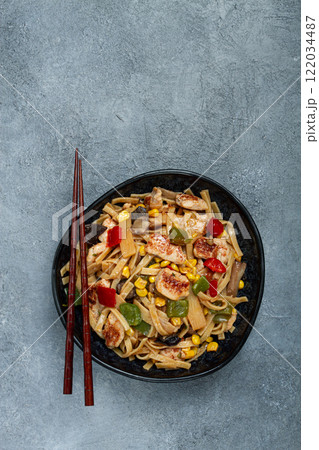 fried noodles with chicken meat and vegetables, Bami Goreng, Indonesian dish, no people, 122034487