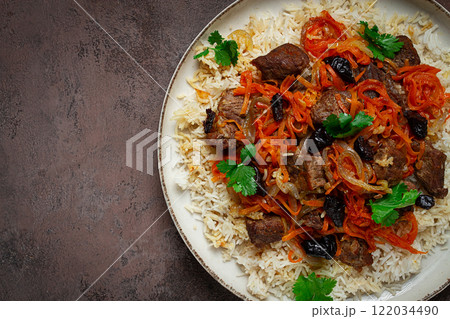 Kabuli pulao, pilaf, the national dish of Afghanistan, rice with meat , homemade, no people, 122034490