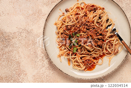 Spaghetti Bolognese, top view, close-up, without people, homemade, Spaghetti Bolognese, top view, close-up, without people, homemade, 122034514