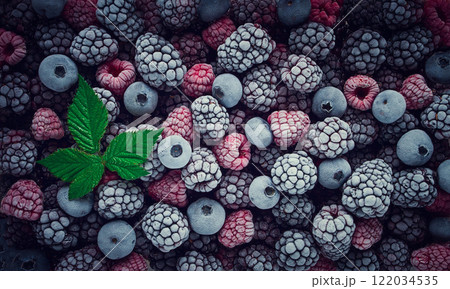 A close-up view features an array of frozen raspberries and blackberries, showcasing their unique textures. A fresh green leaf adds a pop of color to the scene, enhancing visual appeal A close-up view features an array of frozen raspberries and blackberries, showcasing their unique textures. A fresh green leaf adds a pop of color to the scene, enhancing visual appeal 122034535