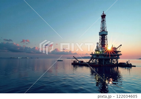 Offshore oil and gas jackup platform, during cargo operations with supply vessel in the sea on clear sunny day. Offshore oil and gas jackup platform, during cargo operations with supply vessel in the sea on clear sunny day. 122034605