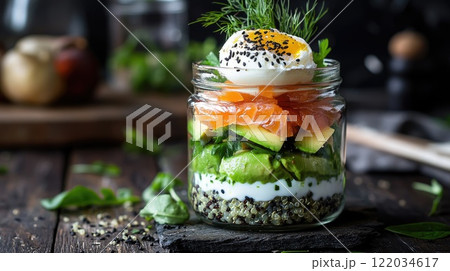 Delicious layered salad jar with quinoa, avocado, smoked salmon, and a soft egg served on a wooden table 122034617