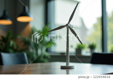 A Miniature Wind Turbine Set Against an Urban City Background Illustrating Sustainable Energy 122034618