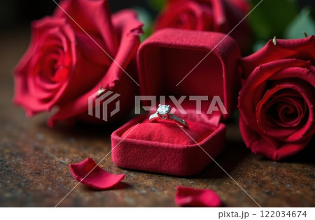A ring with a diamond in a red box on a table next to roses. Engagement marriage proposal 122034674