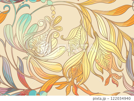 Fantasy flowers in retro, vintage, jacobean embroidery style 122034940