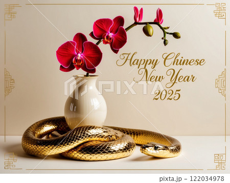 The gold snake figurine with the red phalaenopsis orchids flower in ceramic vase and the word Happy Chinese New Year 2025 card. 122034978