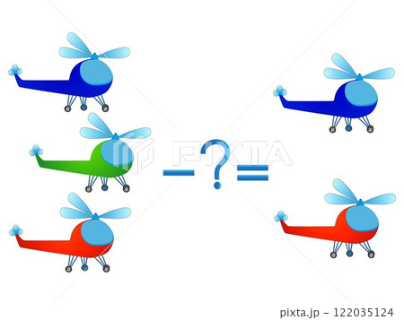 Educational game for children, illustration of mathematical subtraction, examples with helicopters. 122035124